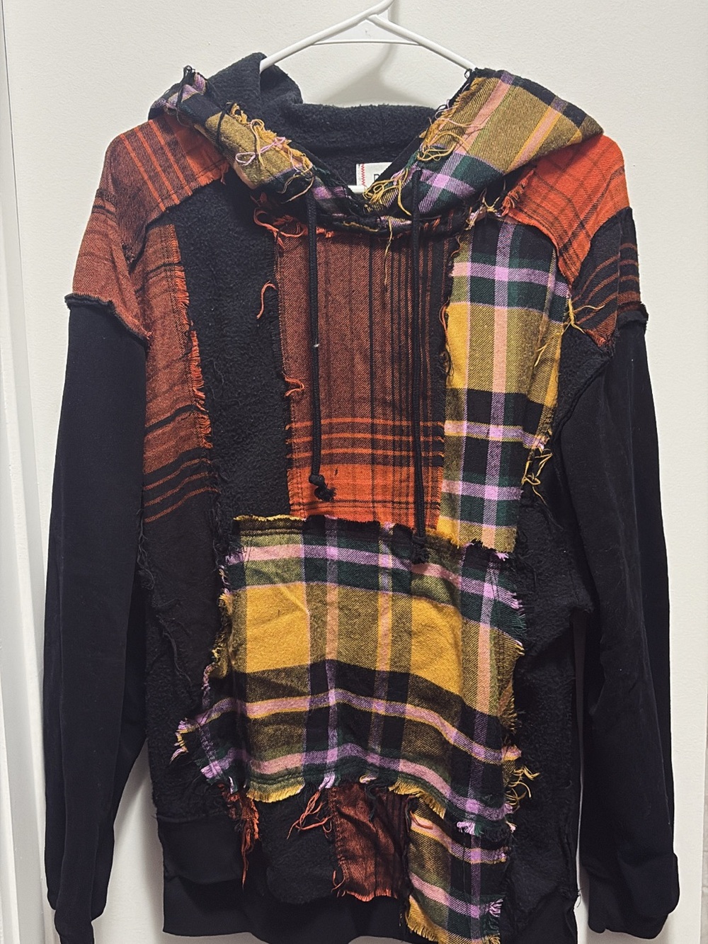 BDG Black Hoodie with Mustard Fringe and Purple Plaid Accents